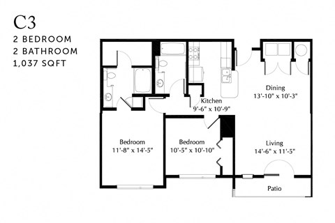 Floor plan for 2 beds, 2 baths, 1038 sqft
